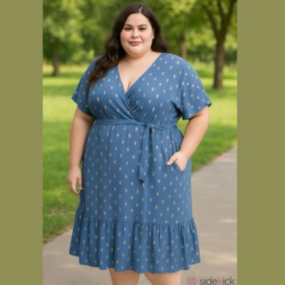 Plus Size 2X 18 20 Blue BloomChic Dress Gold Foil Dot Pockets slimming and comfy - Picture 1 of 11